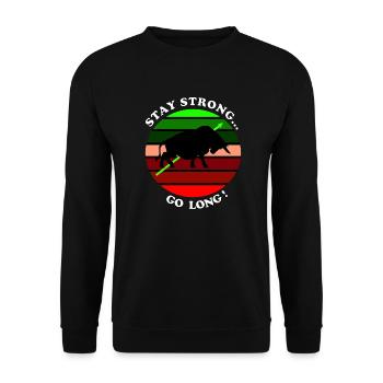 Sunsetmotiv Börse Bulle Stay Strong Go Long Spruch - Unisex Pullover - Schwarz - Vorne - Alina (178cm) & Michal (187cm)