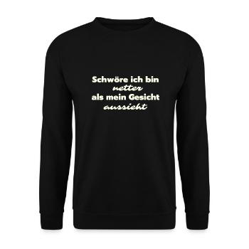 Schwöre ich bin netter als mein Gesicht aussieht - Unisex Pullover - Schwarz - Vorne - Alina (178cm) & Michal (187cm)