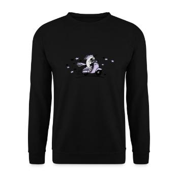 Italian 60s Motorroller mit Einhorn + Sterne - Unisex Pullover - Schwarz - Vorne - Alina (178cm) & Michal (187cm)