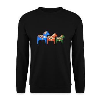 3 Dala-Pferde hintereinander in Orange, Blau und Grün - Unisex Pullover - Schwarz - Vorne - Alina (178cm) & Michal (187cm)