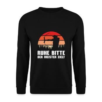 Ruhe bitte der Meister zielt Bogenschießen - Unisex Pullover - Schwarz - Vorne - Alina (178cm) & Michal (187cm)