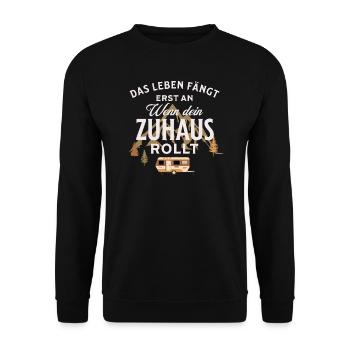 Wohnwagen Camping Zubehör Vintage Das Leben fängt - Unisex Pullover - Schwarz - Vorne - Alina (178cm) & Michal (187cm)