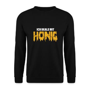 Bienenwaben Schriftzug Ich deale mit Honig - Unisex Pullover - Schwarz - Vorne - Alina (178cm) & Michal (187cm)
