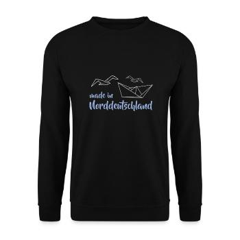 Made in Norddeutschland Möwe Boot Origami - Unisex Pullover - Schwarz - Vorne - Alina (178cm) & Michal (187cm)
