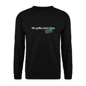wir grillen jetzt Oma Satzzeichen essen jetzt Opa - Unisex Pullover - Schwarz - Vorne - Alina (178cm) & Michal (187cm)