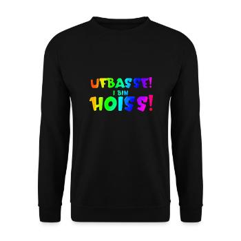 Uffbasse i bin Hoiss | Aufpassen ich bin Heiß - Unisex Pullover - Schwarz - Vorne - Alina (178cm) & Michal (187cm)