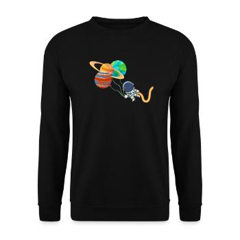 Austronaut mit Planeten - Weltall lustig abheben - Unisex Pullover - Schwarz - Vorne - Alina (178cm) & Michal (187cm)