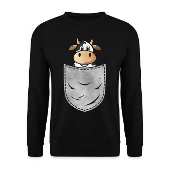 Kuh in der Tasche Tier Brusttasche Kuh Rind - Unisex Pullover - Schwarz - Vorne - Alina (178cm) & Michal (187cm)