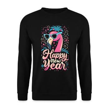 Happy New Year mit Flamingo Charme - Unisex Pullover - Schwarz - Vorne - Alina (178cm) & Michal (187cm)
