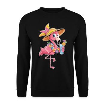 Flamingo mit Drink – Sommerparty Look - Unisex Pullover - Schwarz - Vorne - Alina (178cm) & Michal (187cm)