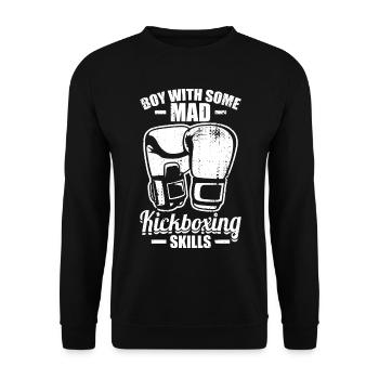 Junge mit verrückten Kickbox Fähigkeiten - Unisex Pullover - Schwarz - Vorne - Alina (178cm) & Michal (187cm)