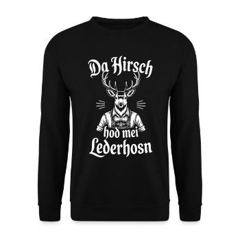 Lederhose Hirsch Trachten Bayern Volksfest lustig - Unisex Pullover - Schwarz - Vorne - Alina (178cm) & Michal (187cm)