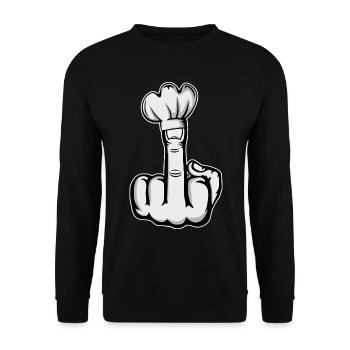 Mittelfinger Stinkefinger Kochmütze Design - Unisex Pullover - Schwarz - Vorne - Alina (178cm) & Michal (187cm)