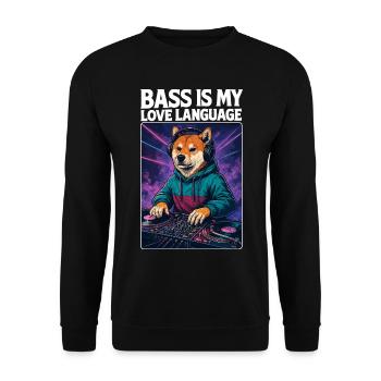Shiba Inu DJ – Bass Is My Love Language - Unisex Pullover - Schwarz - Vorne - Alina (178cm) & Michal (187cm)