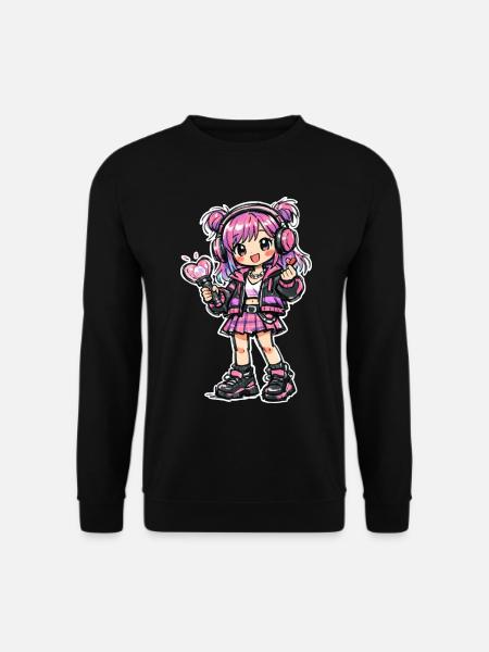 Kawaii Anime Mädchen mit Kopfhörer - Unisex Pullover - Schwarz