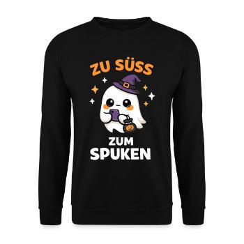 Zu süß zum Spuken – Kawaii-Geist mit Hexenhut - Unisex Pullover - Schwarz - Vorne - Alina (178cm) & Michal (187cm)