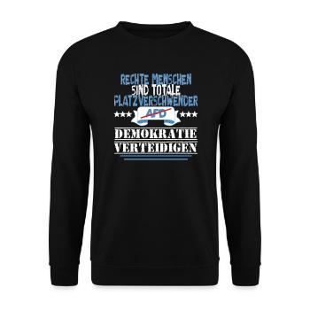 AfD stoppen gegen rechts Demokratie verteidigen - Unisex Pullover - Schwarz - Vorne - Alina (178cm) & Michal (187cm)