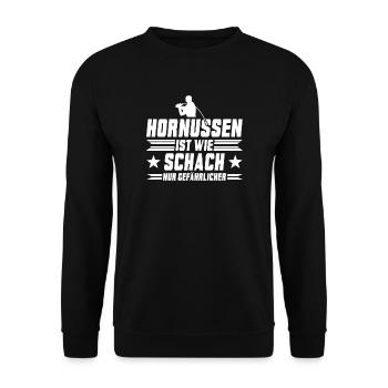Hornussen ist wie Schach nur gefährlicher - Unisex Pullover - Schwarz - Vorne - Alina (178cm) & Michal (187cm)