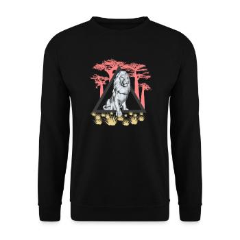 Löwe mit Mähne als Jäger in Afrika - Unisex Pullover - Schwarz - Vorne - Alina (178cm) & Michal (187cm)