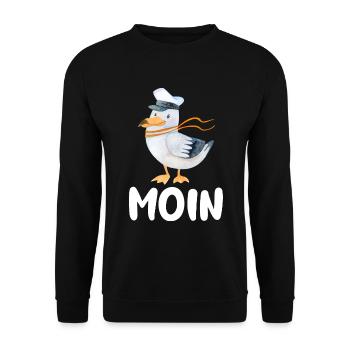 Moin - Lustige Seeman Möwe Nordsee - Unisex Pullover - Schwarz - Vorne - Alina (178cm) & Michal (187cm)