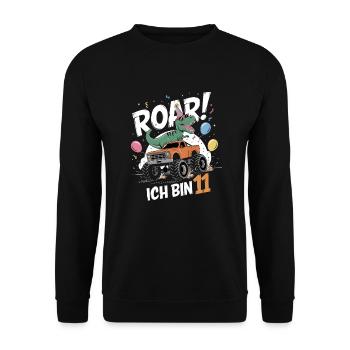 11. Geburtstag 11 Jahre Dino Monstertruck Fan - Unisex Pullover - Schwarz - Vorne - Alina (178cm) & Michal (187cm)