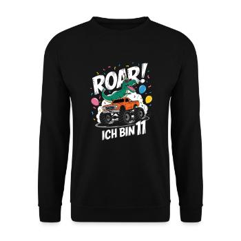11. Geburtstag 11 Jahre Dino Monstertruck Fan - Unisex Pullover - Schwarz - Vorne - Alina (178cm) & Michal (187cm)