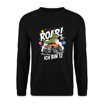 12. Geburtstag 12 Jahre Dino Monstertruck Fan - Unisex Pullover - Schwarz - Vorne - Alina (178cm) & Michal (187cm)