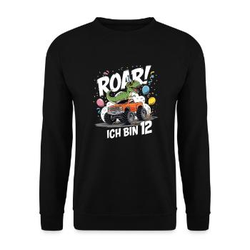 12. Geburtstag 12 Jahre Dino Monstertruck Fan - Unisex Pullover - Schwarz - Vorne - Alina (178cm) & Michal (187cm)