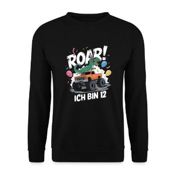 12. Geburtstag 12 Jahre Dino Monstertruck Fan - Unisex Pullover - Schwarz - Vorne - Alina (178cm) & Michal (187cm)