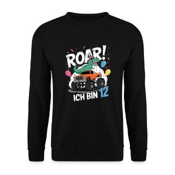 12. Geburtstag 12 Jahre Dino Monstertruck Fan - Unisex Pullover - Schwarz - Vorne - Alina (178cm) & Michal (187cm)