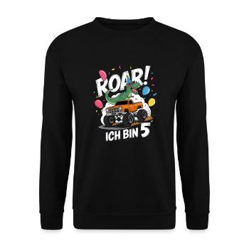 5. Geburtstag 5 Jahre Dino Monstertruck Fan - Unisex Pullover - Schwarz - Vorne - Alina (178cm) & Michal (187cm)