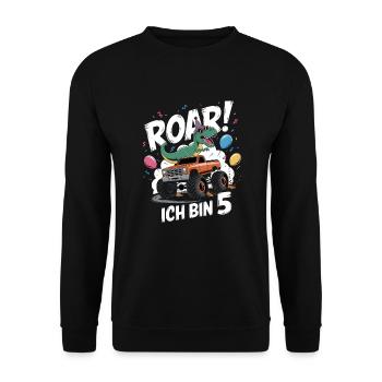 5. Geburtstag 5 Jahre Dino Monstertruck Fan - Unisex Pullover - Schwarz - Vorne - Alina (178cm) & Michal (187cm)