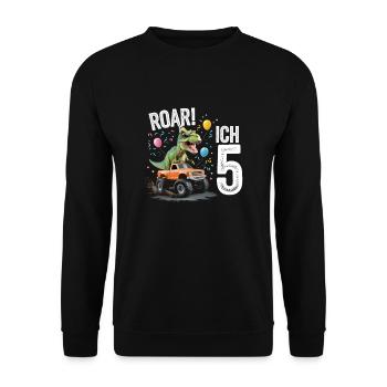 5. Geburtstag 5 Jahre Dino Monstertruck Fan - Unisex Pullover - Schwarz - Vorne - Alina (178cm) & Michal (187cm)