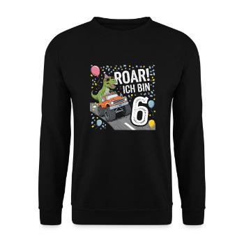 6. Geburtstag 6 Jahre Dino Monstertruck Fan - Unisex Pullover - Schwarz - Vorne - Alina (178cm) & Michal (187cm)