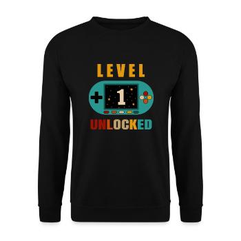 Stufe 1 entsperrt. 1. Geburtstag - Unisex Pullover - Schwarz - Vorne - Alina (178cm) & Michal (187cm)