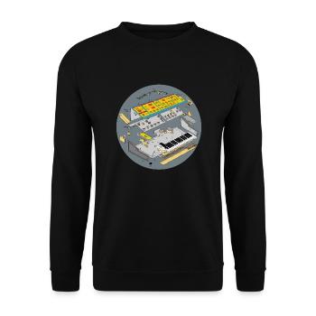 Analoger Synthesizer in Explosionszeichnung - Unisex Pullover - Schwarz - Vorne - Alina (178cm) & Michal (187cm)