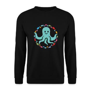lustiger Oktopus im bunten Fischekreis - Unisex Pullover - Schwarz - Vorne - Alina (178cm) & Michal (187cm)