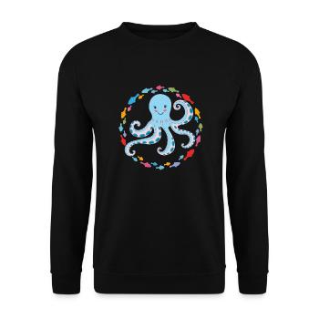 Fröhlicher Oktopus mit kleinen bunten Fischen - Unisex Pullover - Schwarz - Vorne - Alina (178cm) & Michal (187cm)