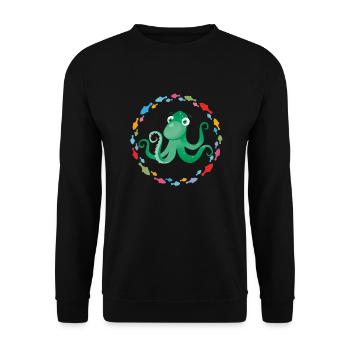 lustiger Oktopus im bunten Fischekreis - Unisex Pullover - Schwarz - Vorne - Alina (178cm) & Michal (187cm)