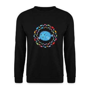 Süßer Kugelfisch im bunten Fischekreis - Unisex Pullover - Schwarz - Vorne - Alina (178cm) & Michal (187cm)