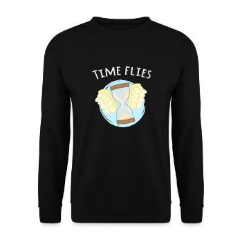 Zeit verfliegt... Fliegende Sanduhr Wortspiel - Unisex Pullover - Schwarz - Vorne - Alina (178cm) & Michal (187cm)