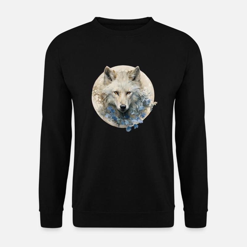 Weißer Wolf mit Art-déco-Blumen - Unisex Pullover - Schwarz