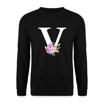 Lila floraler V-Buchstabe - Unisex Pullover - Schwarz - Vorne - Alina (178cm) & Michal (187cm)