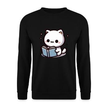Süße kawaii Katze die ein Buch liest - Unisex Pullover - Schwarz - Vorne - Alina (178cm) & Michal (187cm)