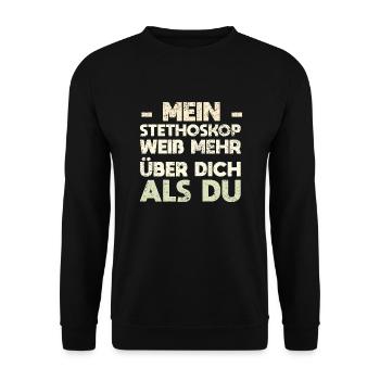 Mein Stethoskop Weiß Mehr über Dich Als Du - Unisex Pullover - Schwarz - Vorne - Alina (178cm) & Michal (187cm)