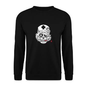 Lustiges Totenkopf Krankenschwester Design - Unisex Pullover - Schwarz - Vorne - Alina (178cm) & Michal (187cm)