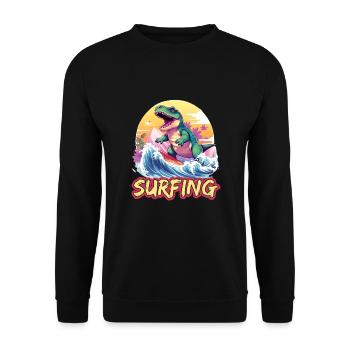 Dino Dinosaurier Surfen Surfing - Unisex Pullover - Schwarz - Vorne - Alina (178cm) & Michal (187cm)