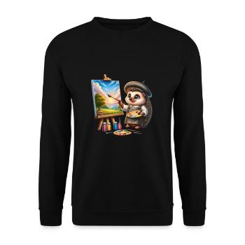 Niedlicher Igel als Maler Künstler - Unisex Pullover - Schwarz - Vorne - Alina (178cm) & Michal (187cm)