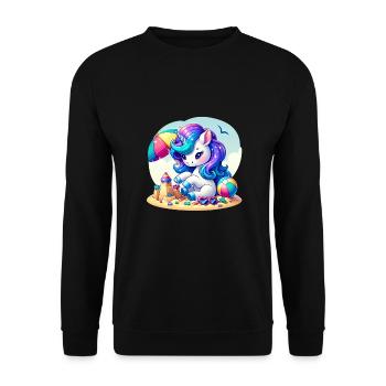Einhorns Abenteuer am Sonnenstrand - Unisex Pullover - Schwarz - Vorne - Alina (178cm) & Michal (187cm)