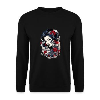 Geisha Kunst Japanische Kultur Floraler Kimono - Unisex Pullover - Schwarz - Vorne - Alina (178cm) & Michal (187cm)